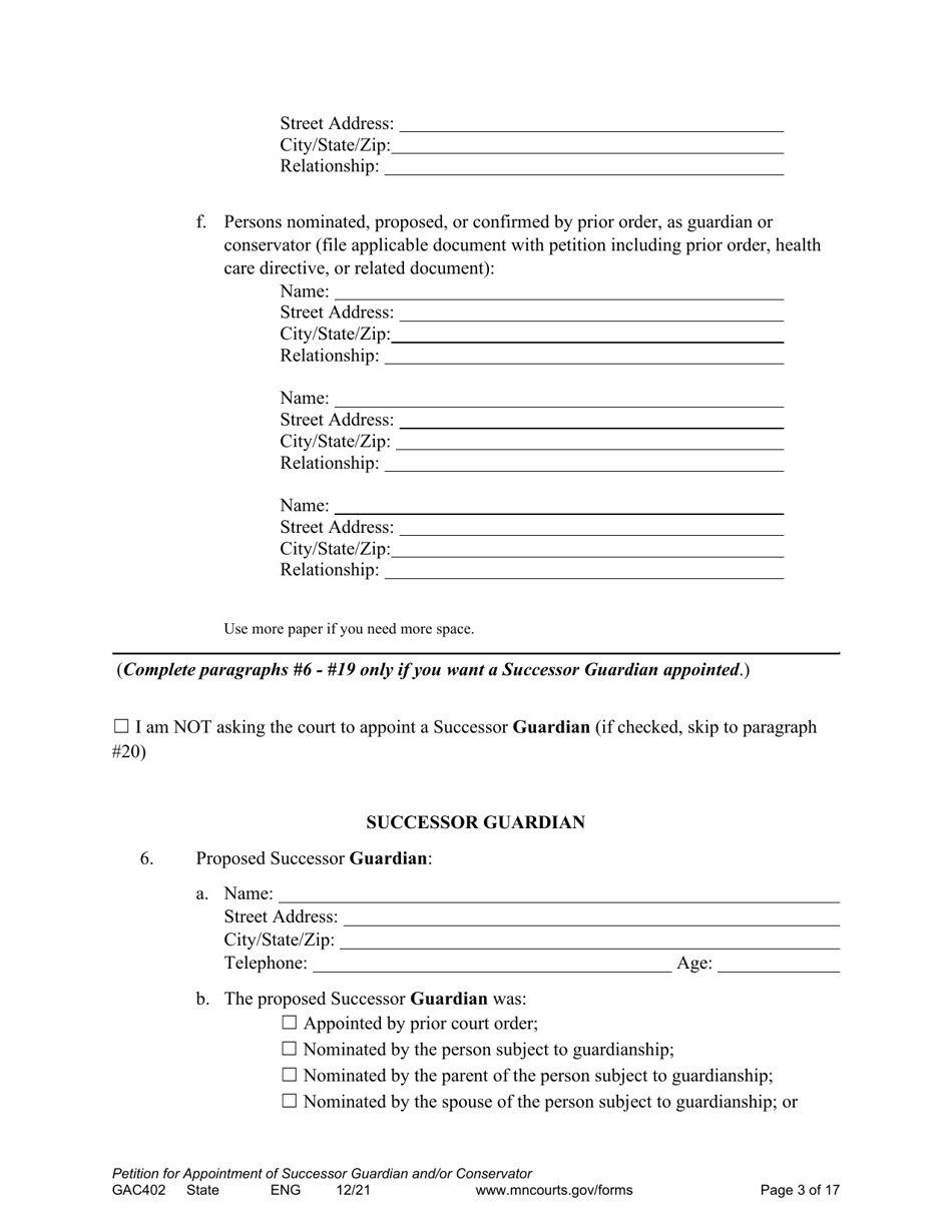Form GAC402 Petition for Appointment of Successor Guardian / Conservator - Minnesota, Page 3