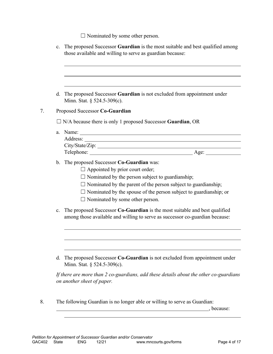 Form GAC402 Petition for Appointment of Successor Guardian / Conservator - Minnesota, Page 4