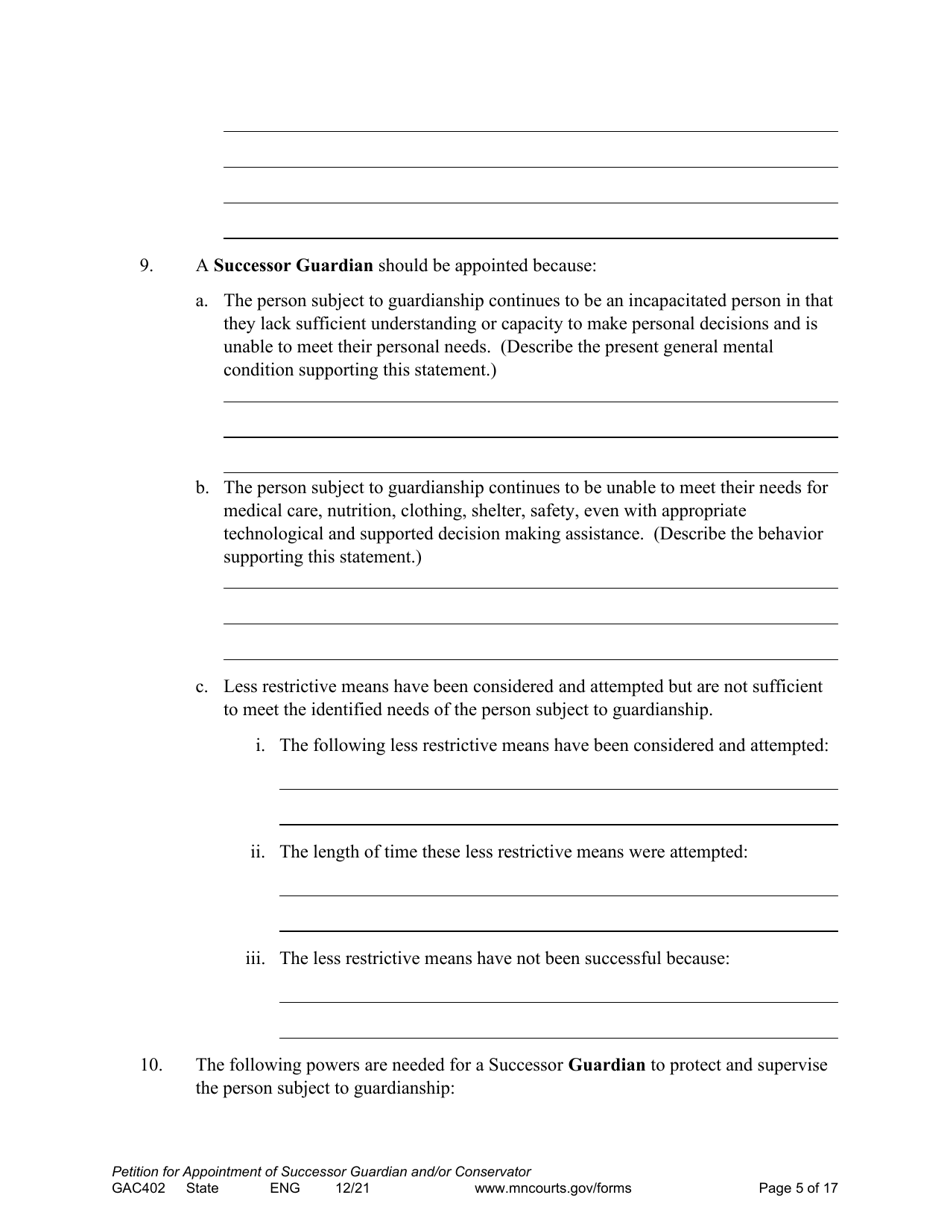 Form GAC402 Petition for Appointment of Successor Guardian / Conservator - Minnesota, Page 5