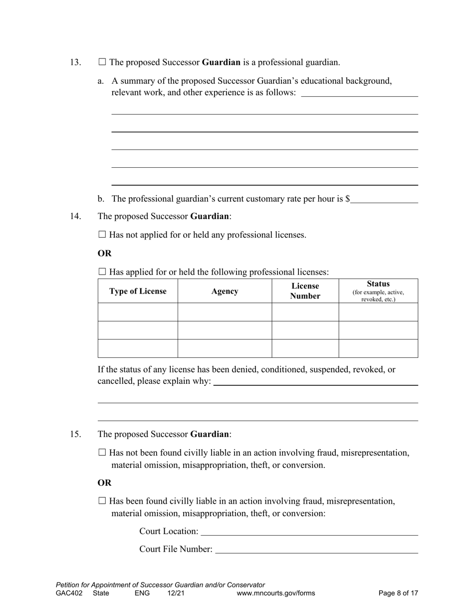 Form GAC402 Petition for Appointment of Successor Guardian / Conservator - Minnesota, Page 8