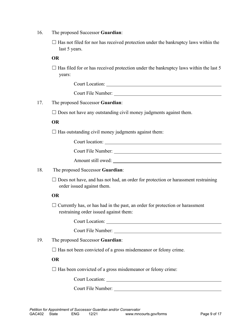 Form GAC402 Petition for Appointment of Successor Guardian / Conservator - Minnesota, Page 9