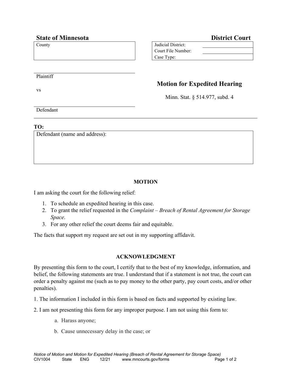 Form CIV1004 Motion for Expedited Hearing - Minnesota, Page 1