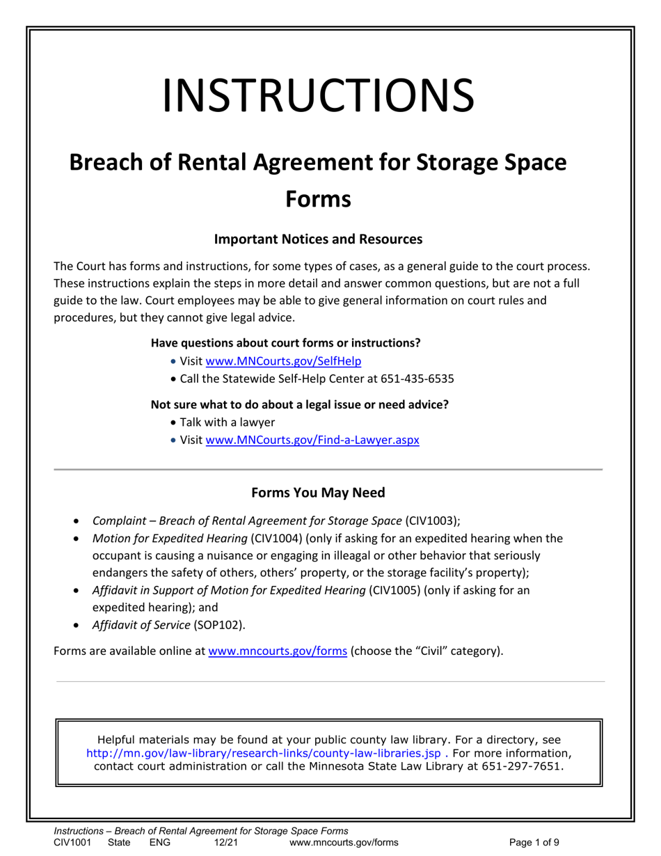 Form CIV1001 Instructions - Breach of Rental Agreement for Storage Space Forms - Minnesota, Page 1