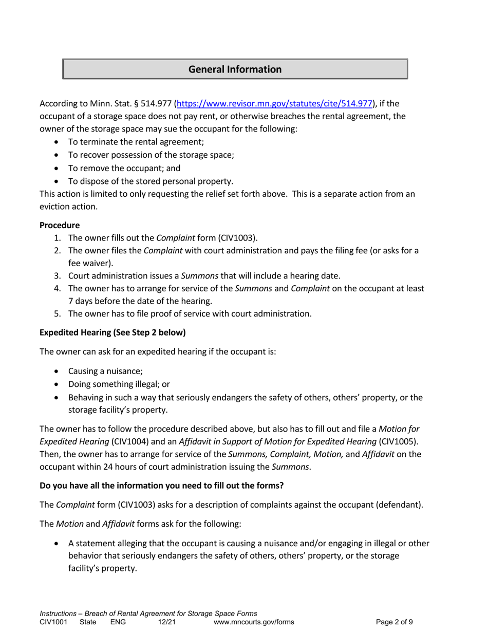 Form CIV1001 Instructions - Breach of Rental Agreement for Storage Space Forms - Minnesota, Page 2