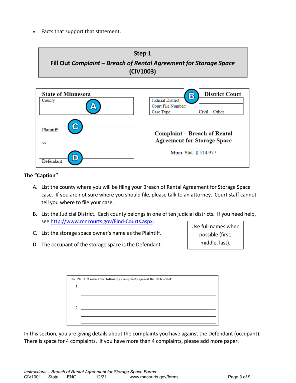 Form CIV1001 Instructions - Breach of Rental Agreement for Storage Space Forms - Minnesota, Page 3