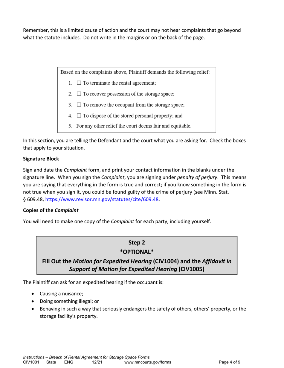 Form CIV1001 Instructions - Breach of Rental Agreement for Storage Space Forms - Minnesota, Page 4