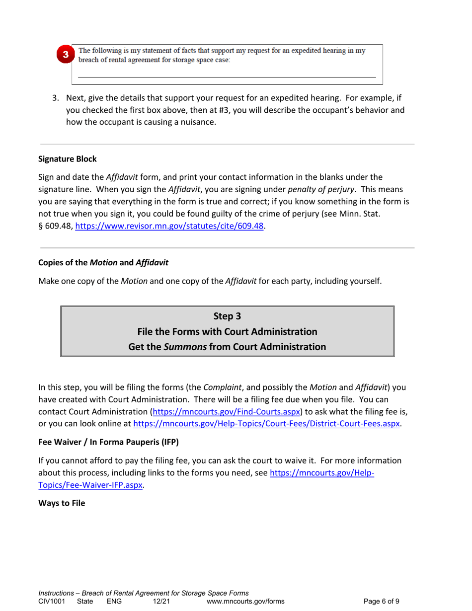 Form CIV1001 Instructions - Breach of Rental Agreement for Storage Space Forms - Minnesota, Page 6