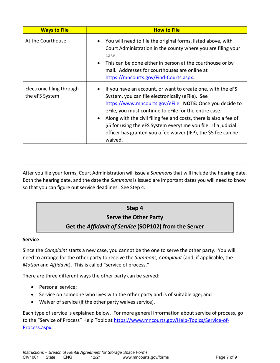 Form CIV1001 Instructions - Breach of Rental Agreement for Storage Space Forms - Minnesota, Page 7