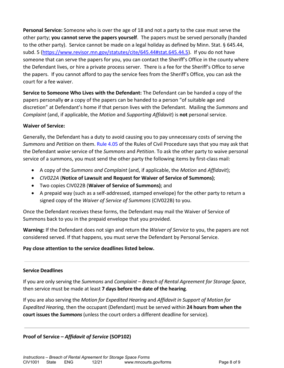 Form CIV1001 Instructions - Breach of Rental Agreement for Storage Space Forms - Minnesota, Page 8