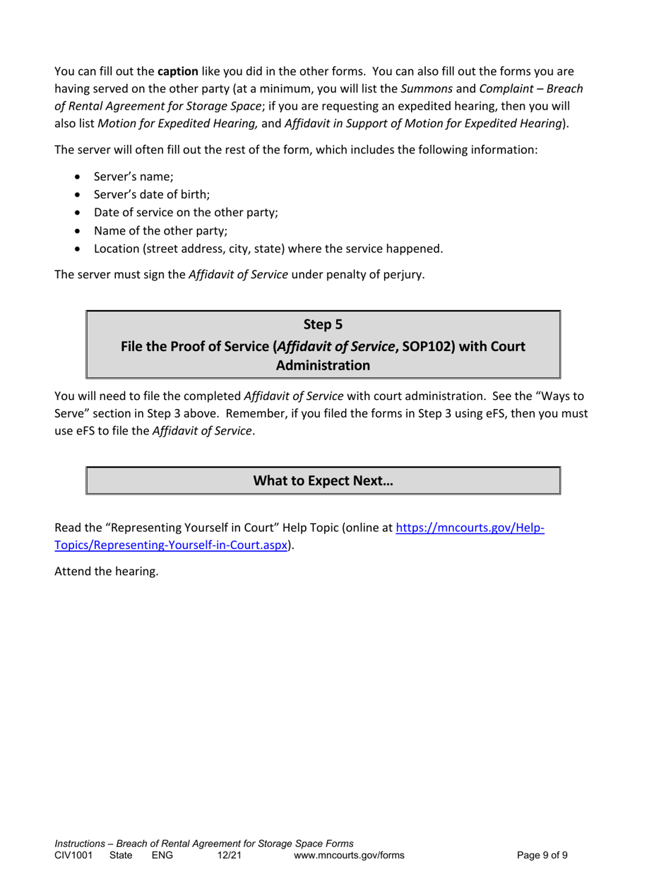 Form CIV1001 Instructions - Breach of Rental Agreement for Storage Space Forms - Minnesota, Page 9