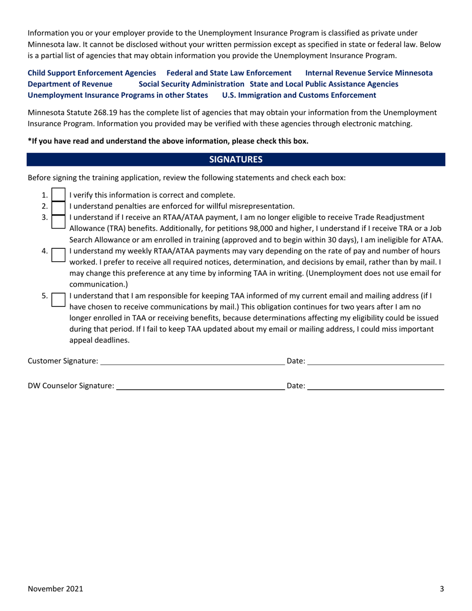 Reemployment / Alternative Trade Adjustment Assistance (Rtaa / Ataa) Application - Minnesota, Page 3