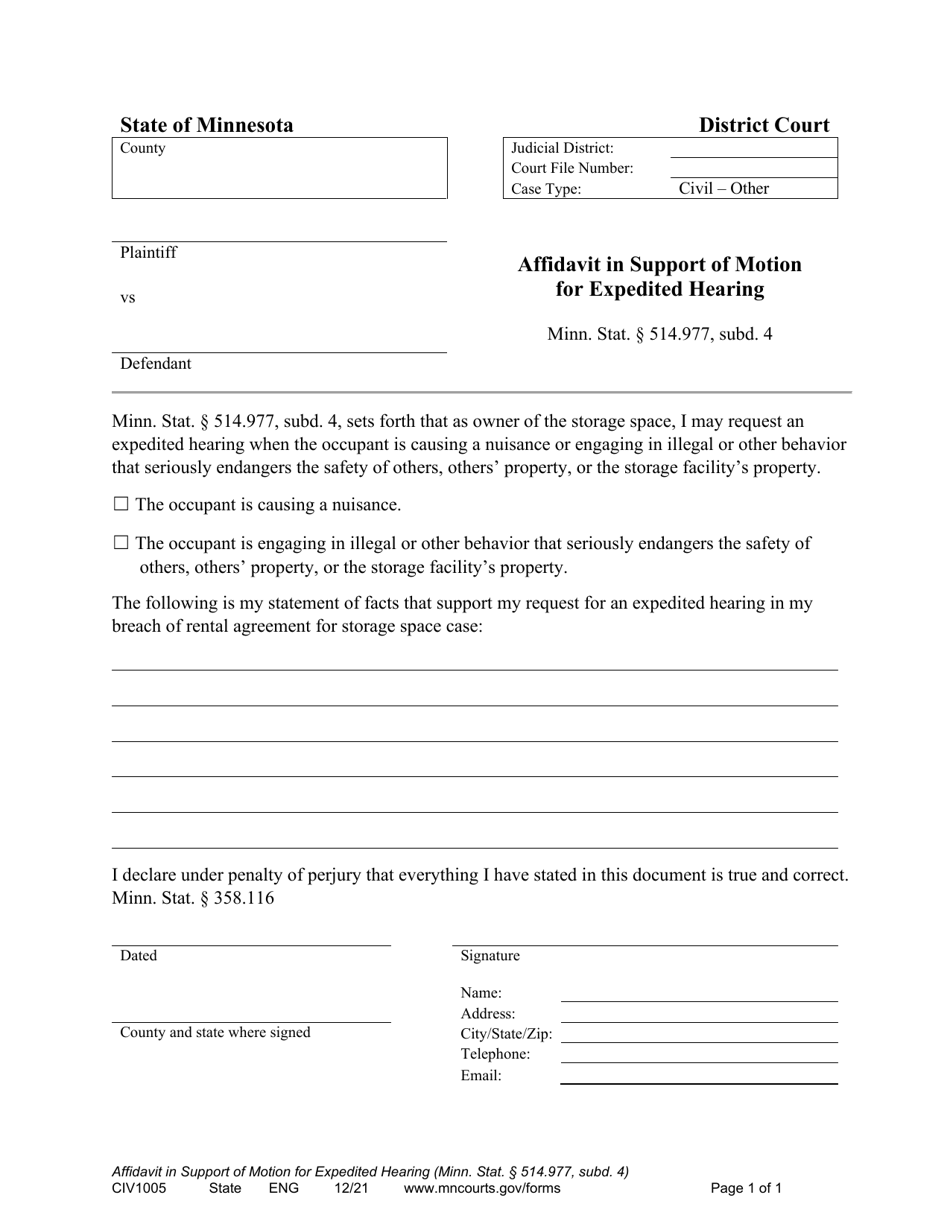Form CIV1005 Affidavit in Support of Motion for Expedited Hearing - Minnesota, Page 1