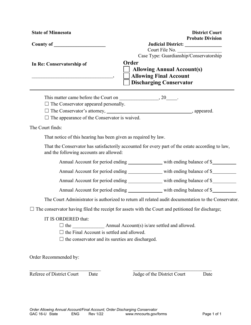 Form GAC16-U Order Allowing Annual / Final Account / Discharge of Conservator - Minnesota, Page 1