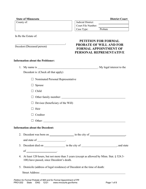 Form PRO1202 Petition for Formal Probate of Will and for Formal Appointment of Personal Representative - Minnesota