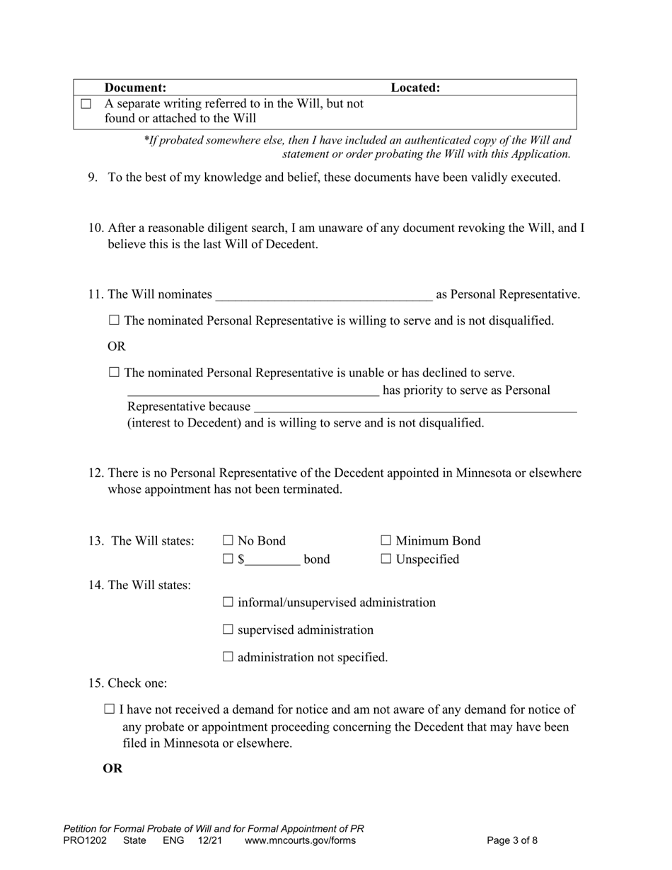 Form PRO1202 Petition for Formal Probate of Will and for Formal Appointment of Personal Representative - Minnesota, Page 3