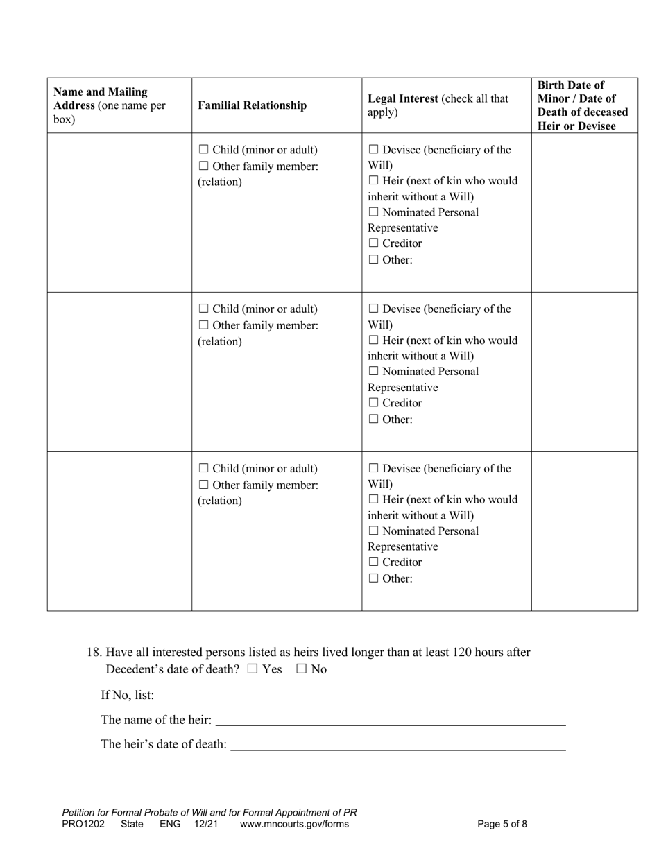 Form PRO1202 Petition for Formal Probate of Will and for Formal Appointment of Personal Representative - Minnesota, Page 5
