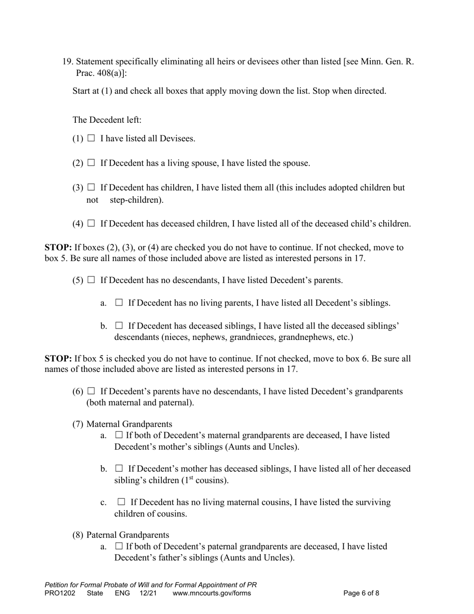 Form PRO1202 Petition for Formal Probate of Will and for Formal Appointment of Personal Representative - Minnesota, Page 6