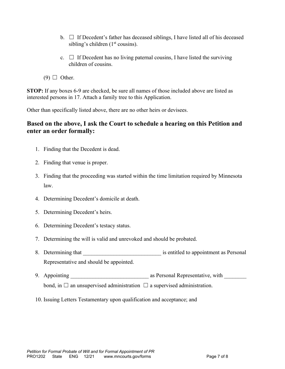 Form PRO1202 Petition for Formal Probate of Will and for Formal Appointment of Personal Representative - Minnesota, Page 7