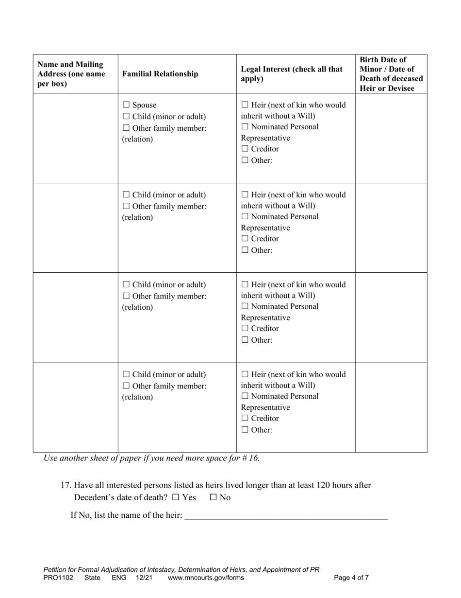 Form PRO1102 Petition for Formal Adjudication of Intestacy, Determination of Heirs, and Appointment of Personal Representative - Minnesota, Page 4
