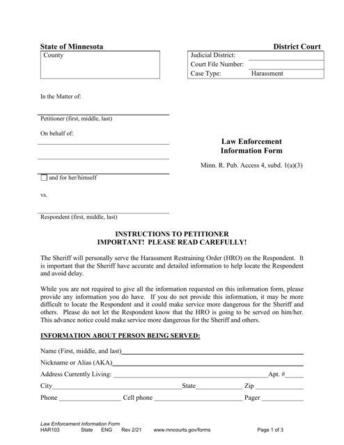 Form HAR103 Law Enforcement Information Form - Minnesota