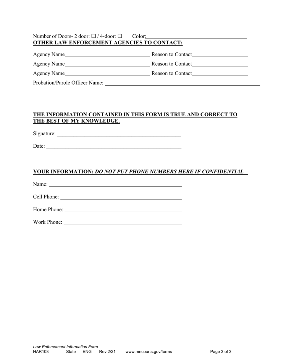 Form HAR103 Law Enforcement Information Form - Minnesota, Page 3