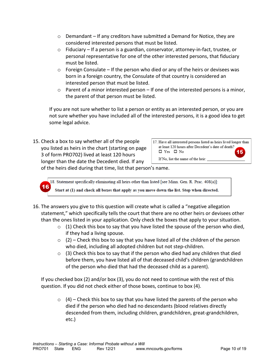 Form PRO701 Instructions - Starting a Case: Informal Probate Without a Will - Minnesota, Page 10