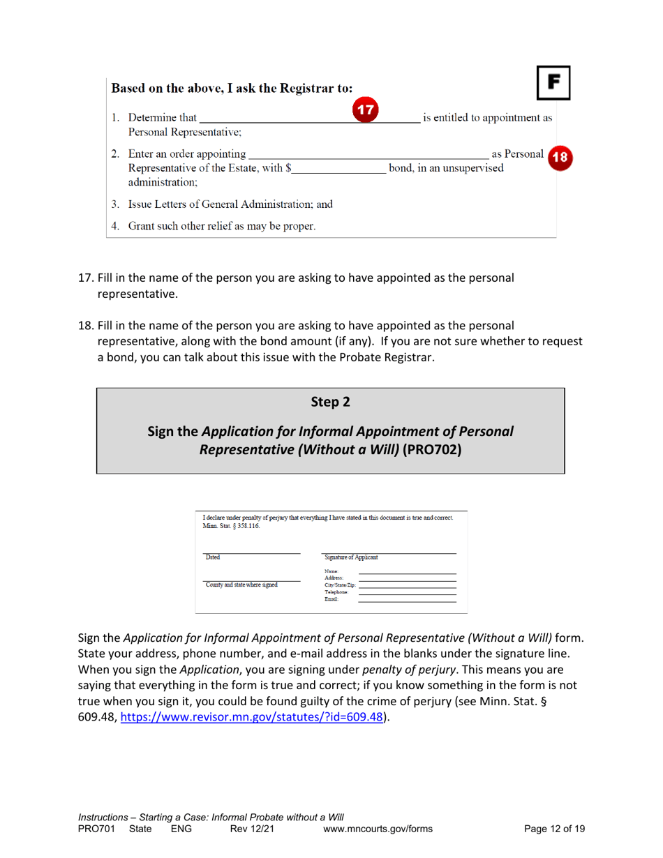 Form PRO701 Instructions - Starting a Case: Informal Probate Without a Will - Minnesota, Page 12