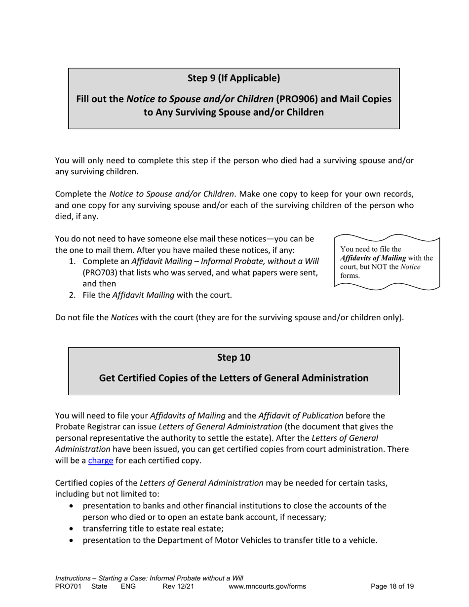Form PRO701 Instructions - Starting a Case: Informal Probate Without a Will - Minnesota, Page 18