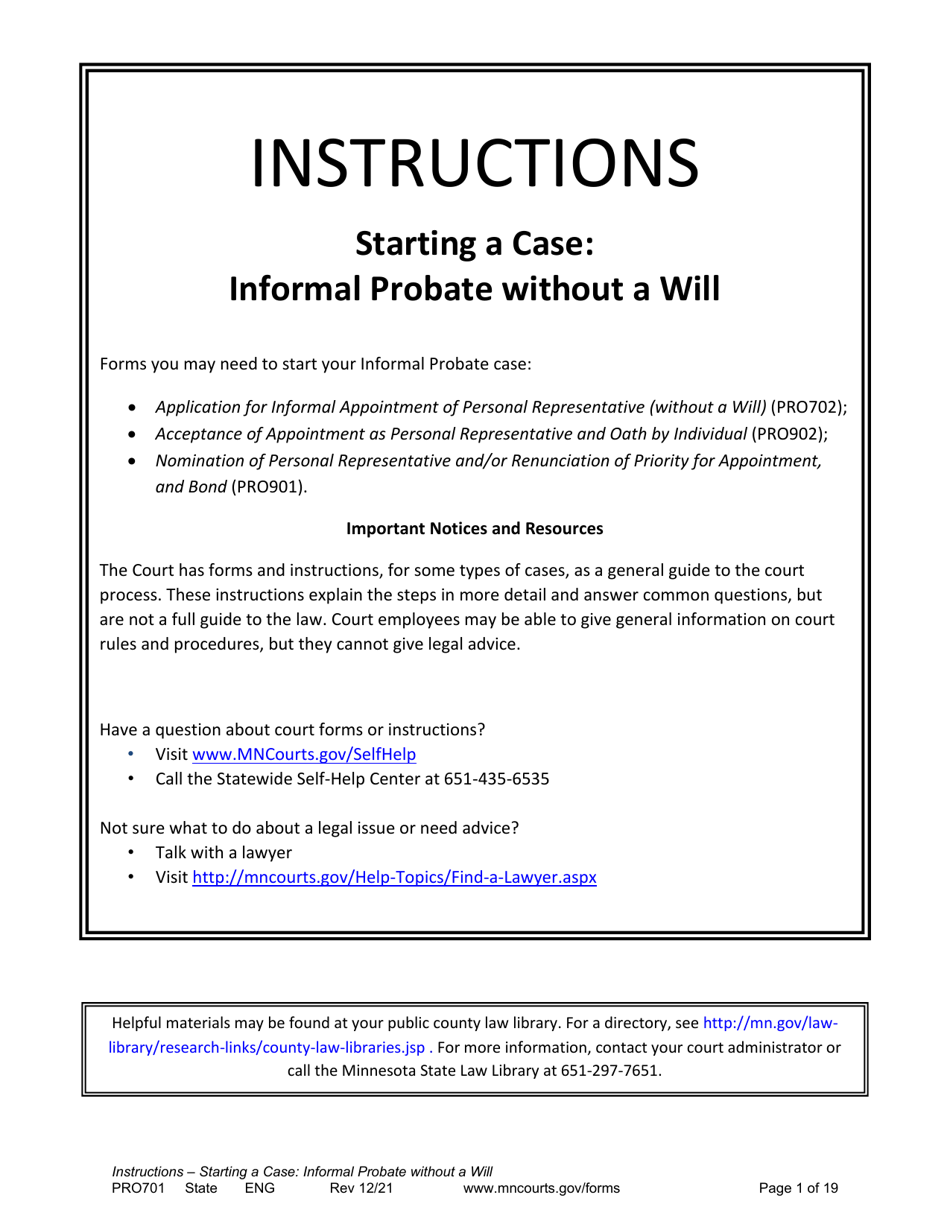 Form PRO701 Instructions - Starting a Case: Informal Probate Without a Will - Minnesota, Page 1