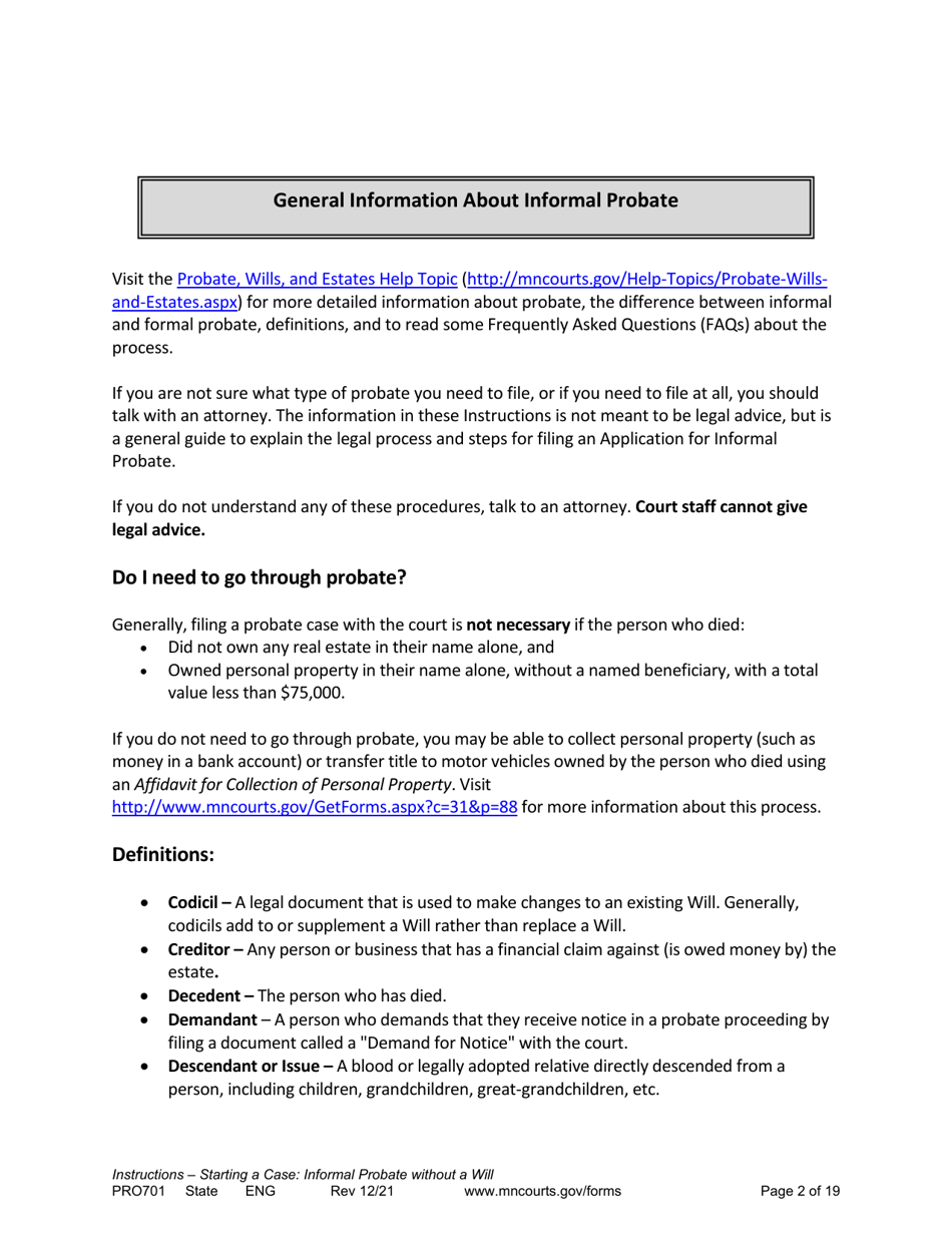 Form PRO701 Instructions - Starting a Case: Informal Probate Without a Will - Minnesota, Page 2
