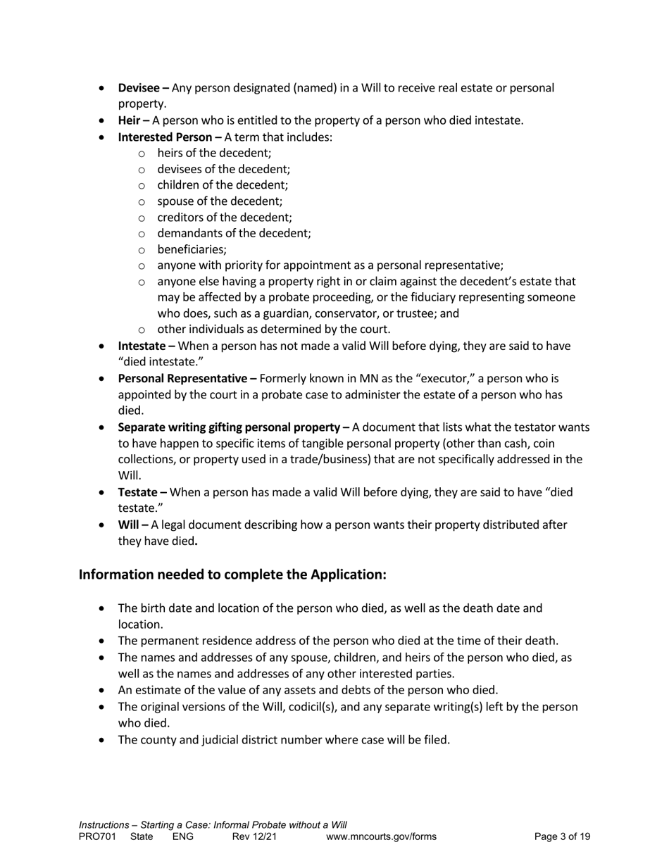 Form PRO701 Instructions - Starting a Case: Informal Probate Without a Will - Minnesota, Page 3