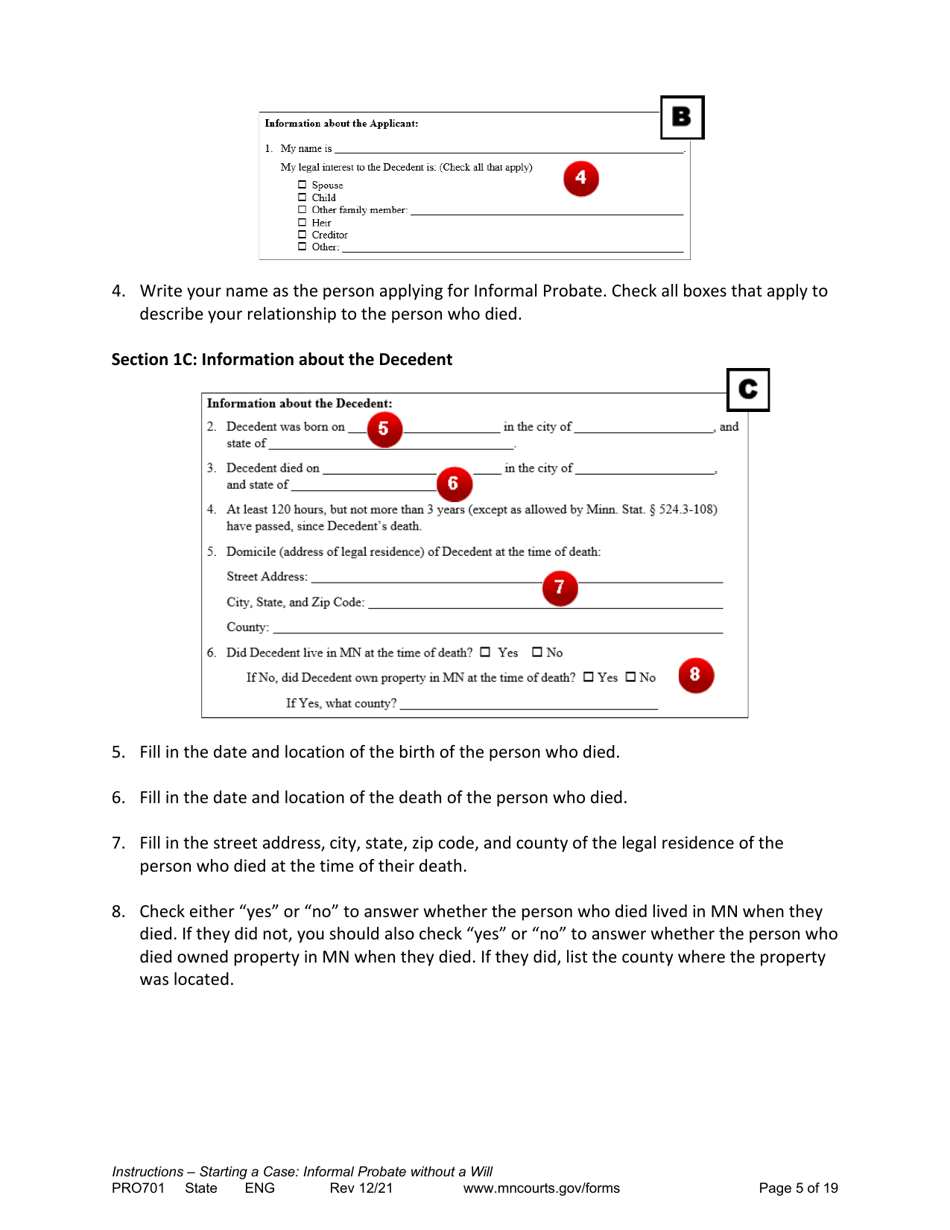 Form PRO701 Instructions - Starting a Case: Informal Probate Without a Will - Minnesota, Page 5