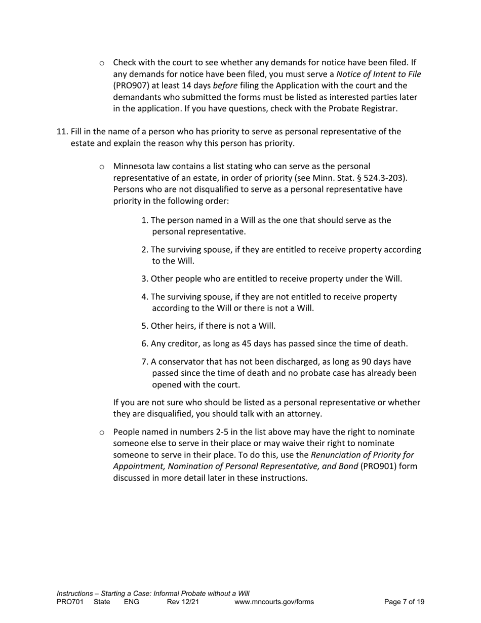 Form PRO701 Instructions - Starting a Case: Informal Probate Without a Will - Minnesota, Page 7