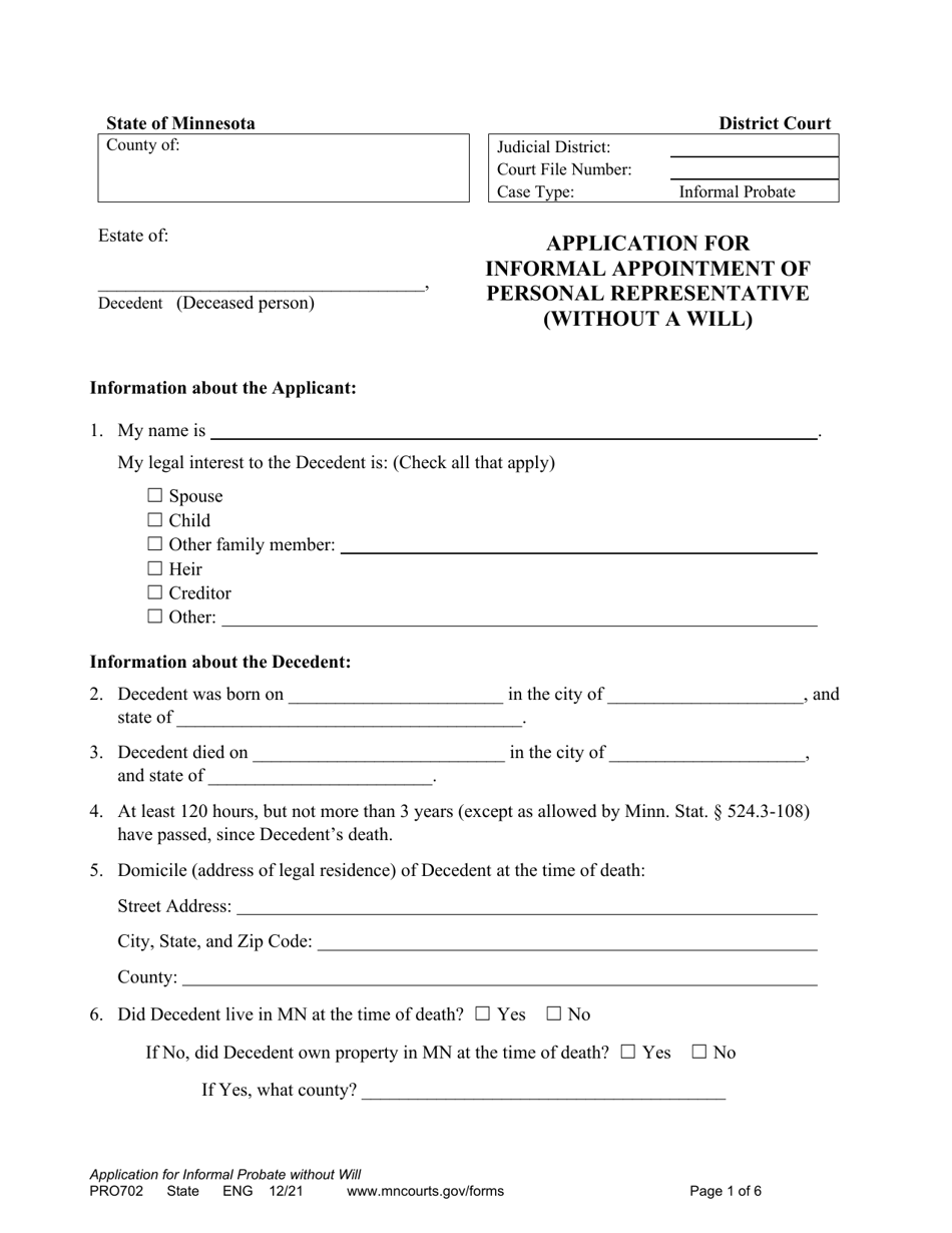 Form PRO702 Application for Informal Appointment of Personal Representative (Without a Will) - Minnesota, Page 1