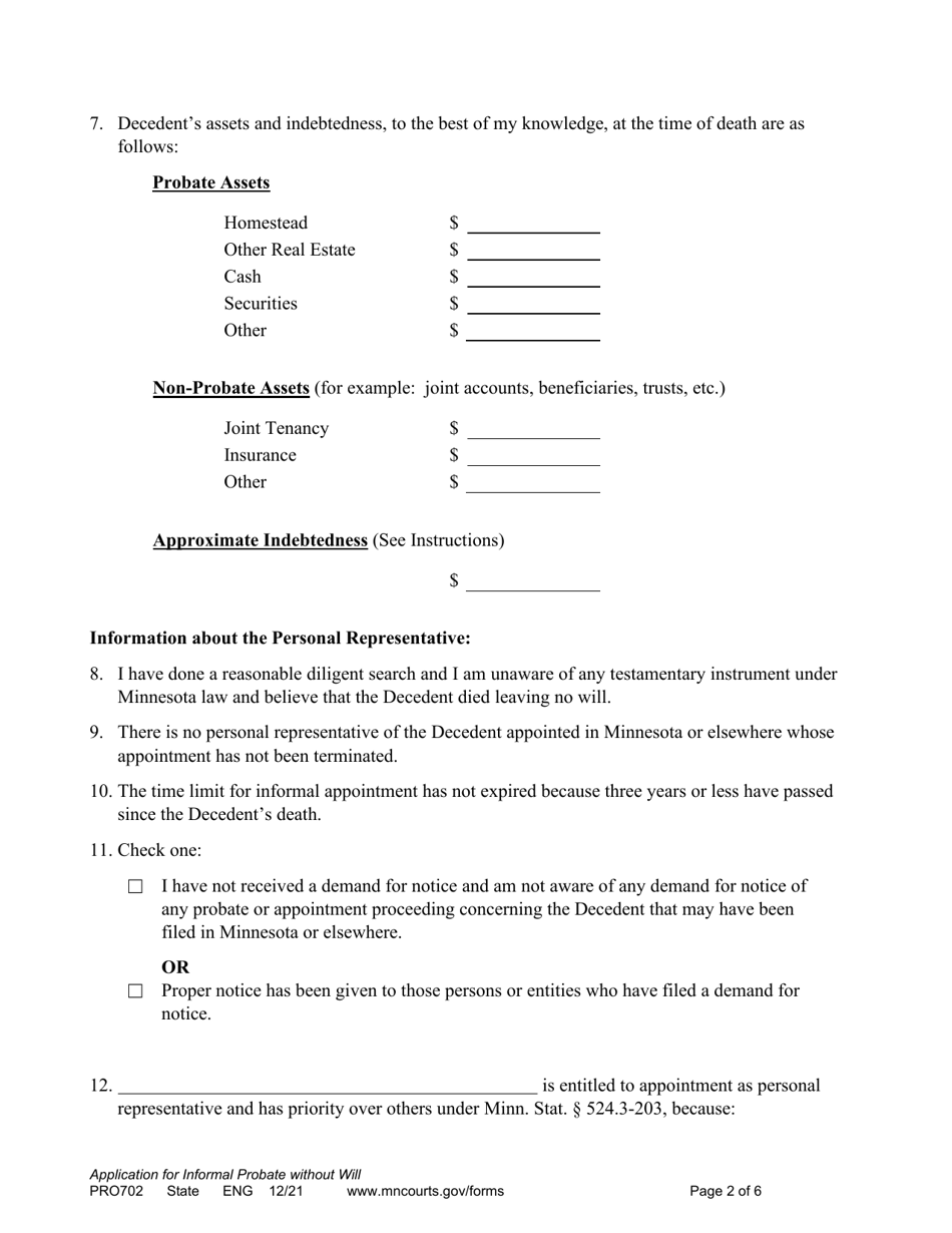 Form PRO702 Application for Informal Appointment of Personal Representative (Without a Will) - Minnesota, Page 2