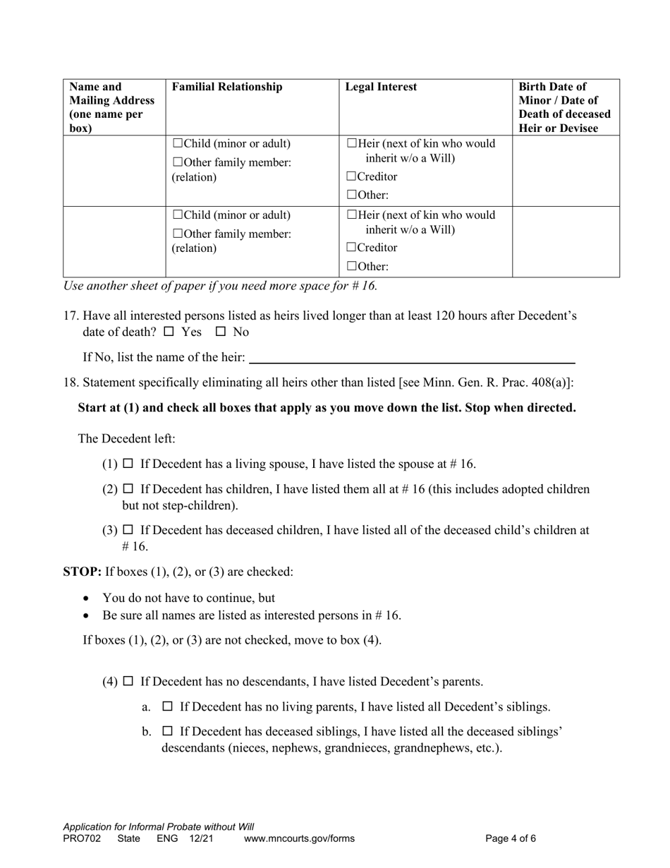 Form PRO702 Application for Informal Appointment of Personal Representative (Without a Will) - Minnesota, Page 4