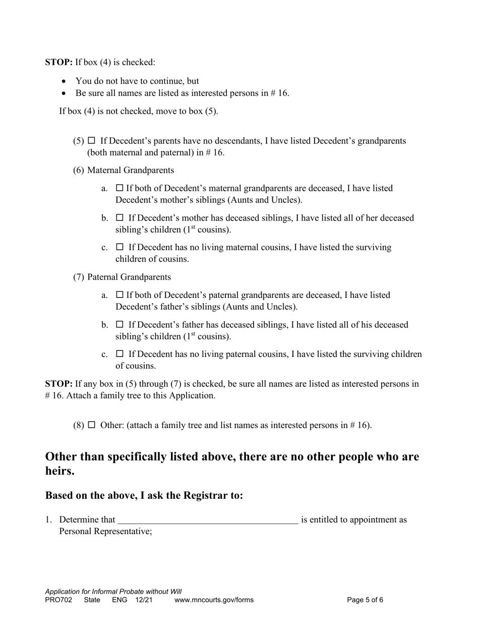 Form PRO702 Application for Informal Appointment of Personal Representative (Without a Will) - Minnesota, Page 5