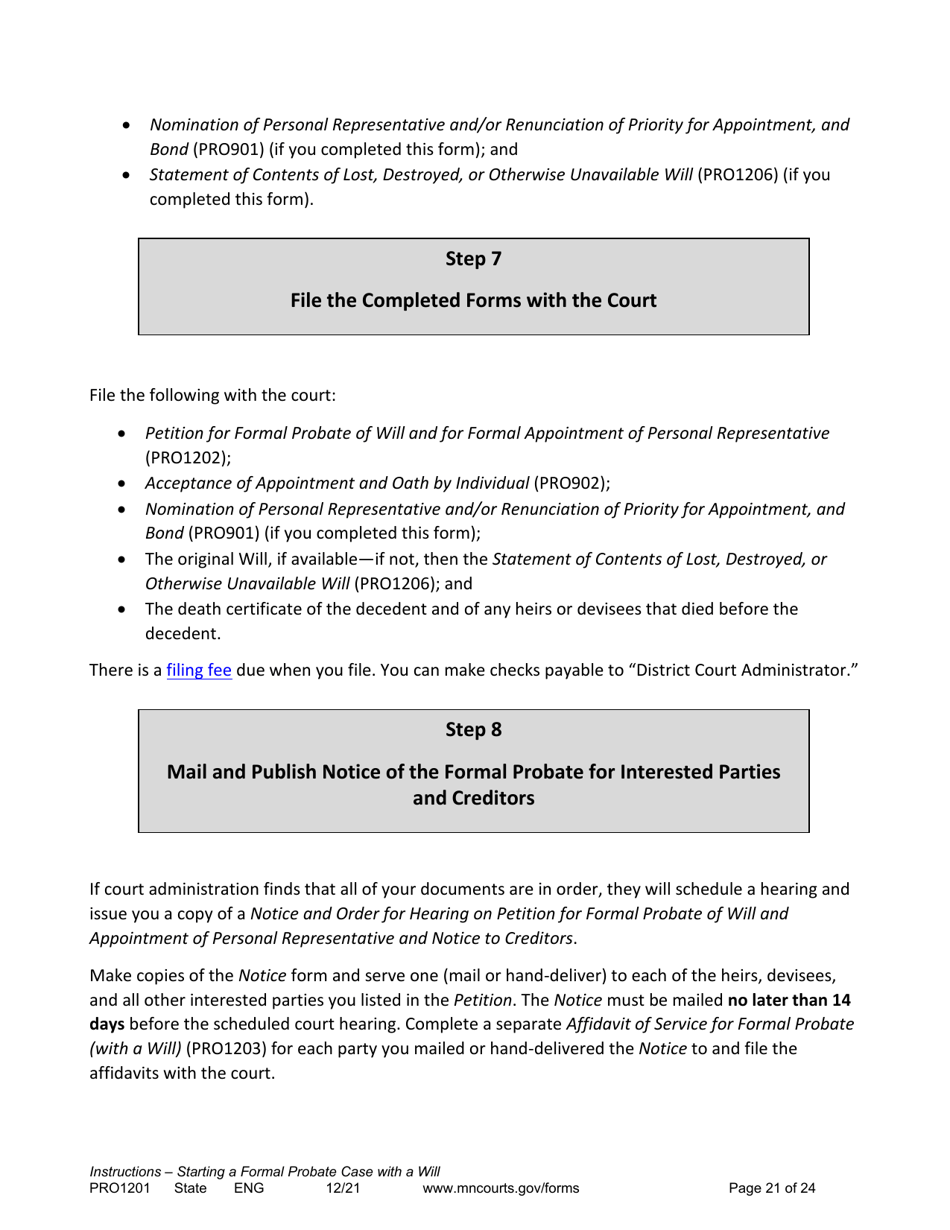Form PRO1201 Instructions - Starting a Case: Formal Probate With a Will - Minnesota, Page 21