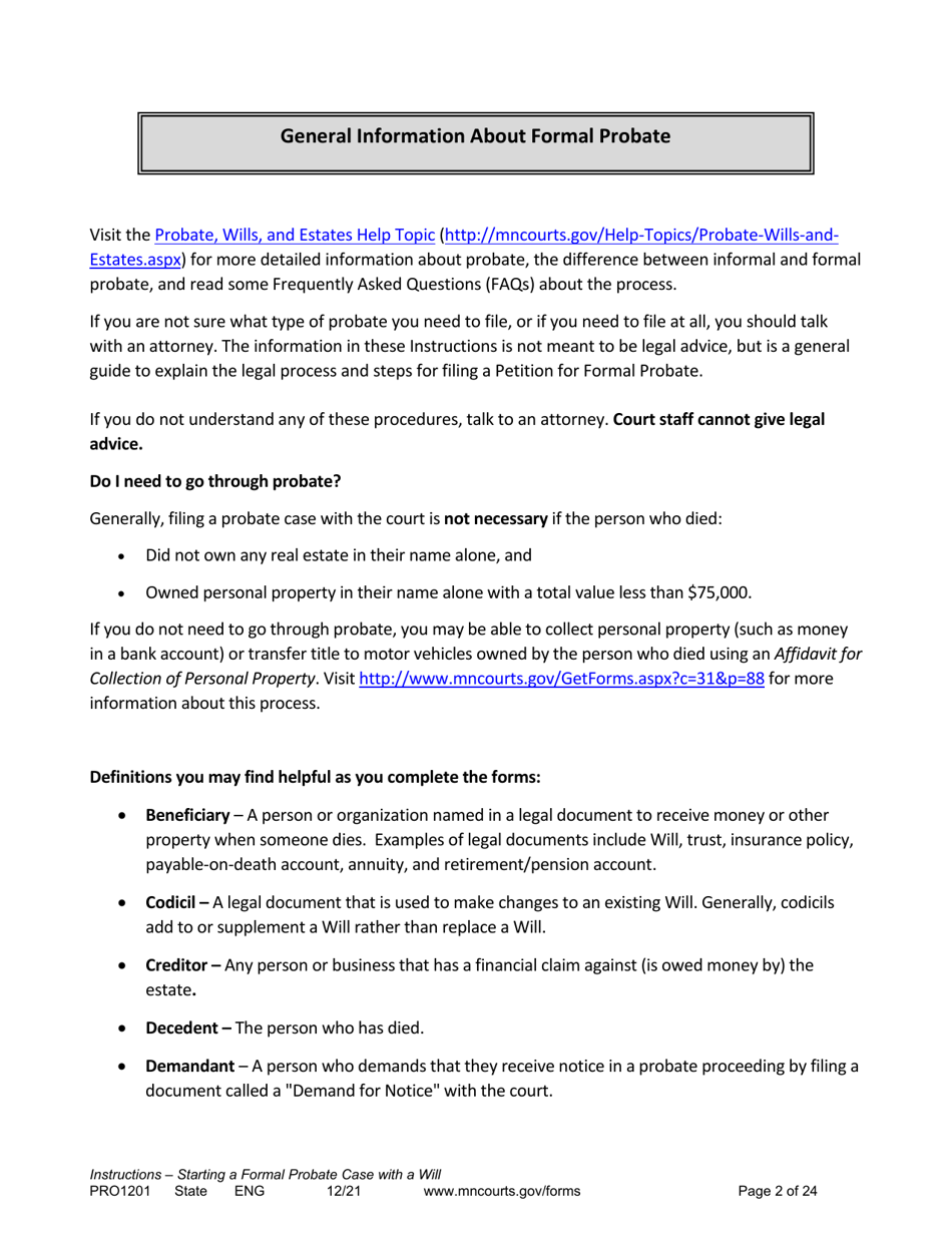 Form PRO1201 Instructions - Starting a Case: Formal Probate With a Will - Minnesota, Page 2
