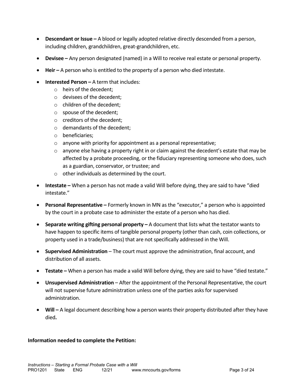 Form PRO1201 Instructions - Starting a Case: Formal Probate With a Will - Minnesota, Page 3