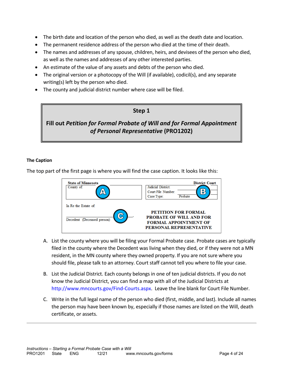 Form PRO1201 Instructions - Starting a Case: Formal Probate With a Will - Minnesota, Page 4