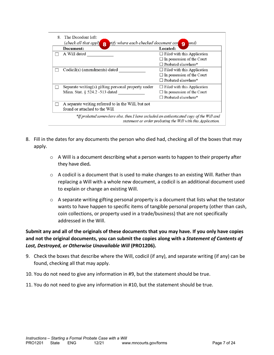 Form PRO1201 Instructions - Starting a Case: Formal Probate With a Will - Minnesota, Page 7