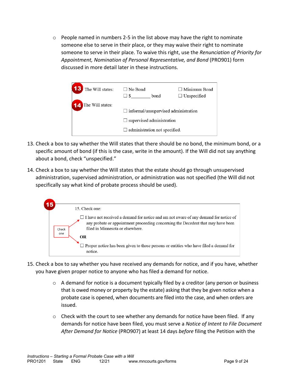 Form PRO1201 Instructions - Starting a Case: Formal Probate With a Will - Minnesota, Page 9
