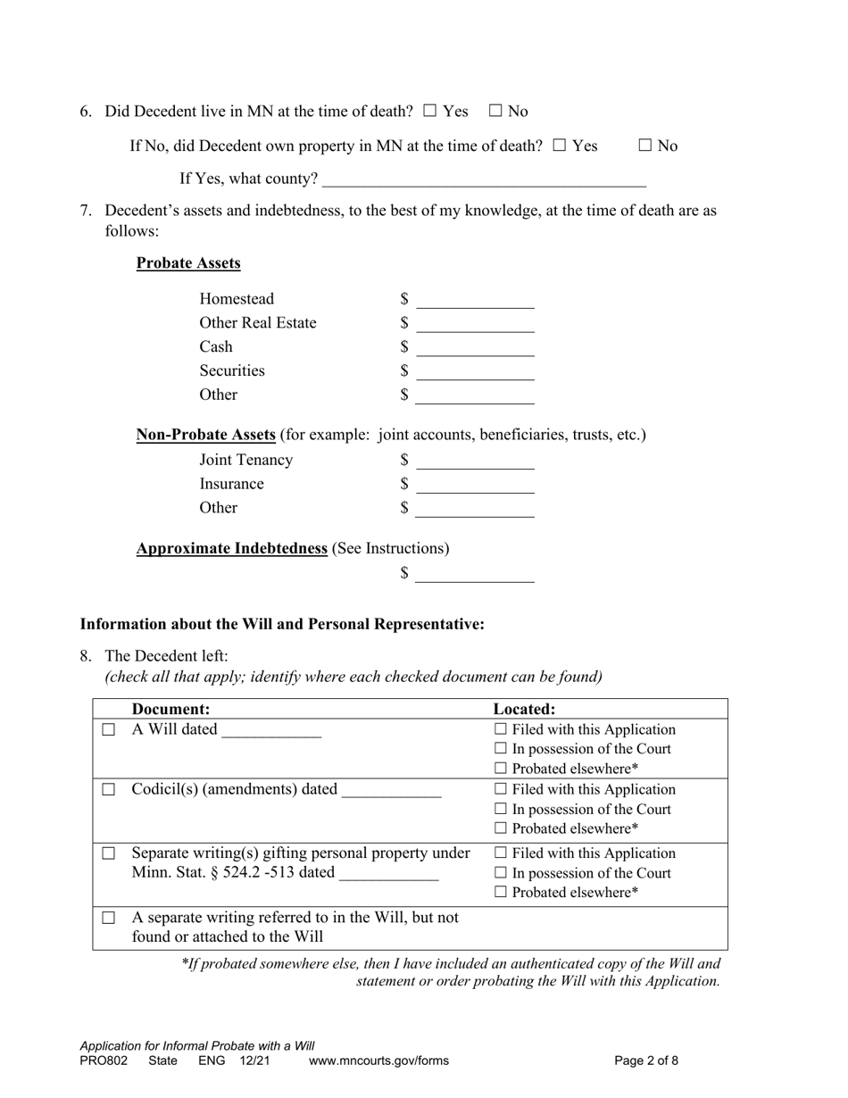 Form Pro802 Download Printable Pdf Or Fill Online Application For Informal Probate Of Will And 9891