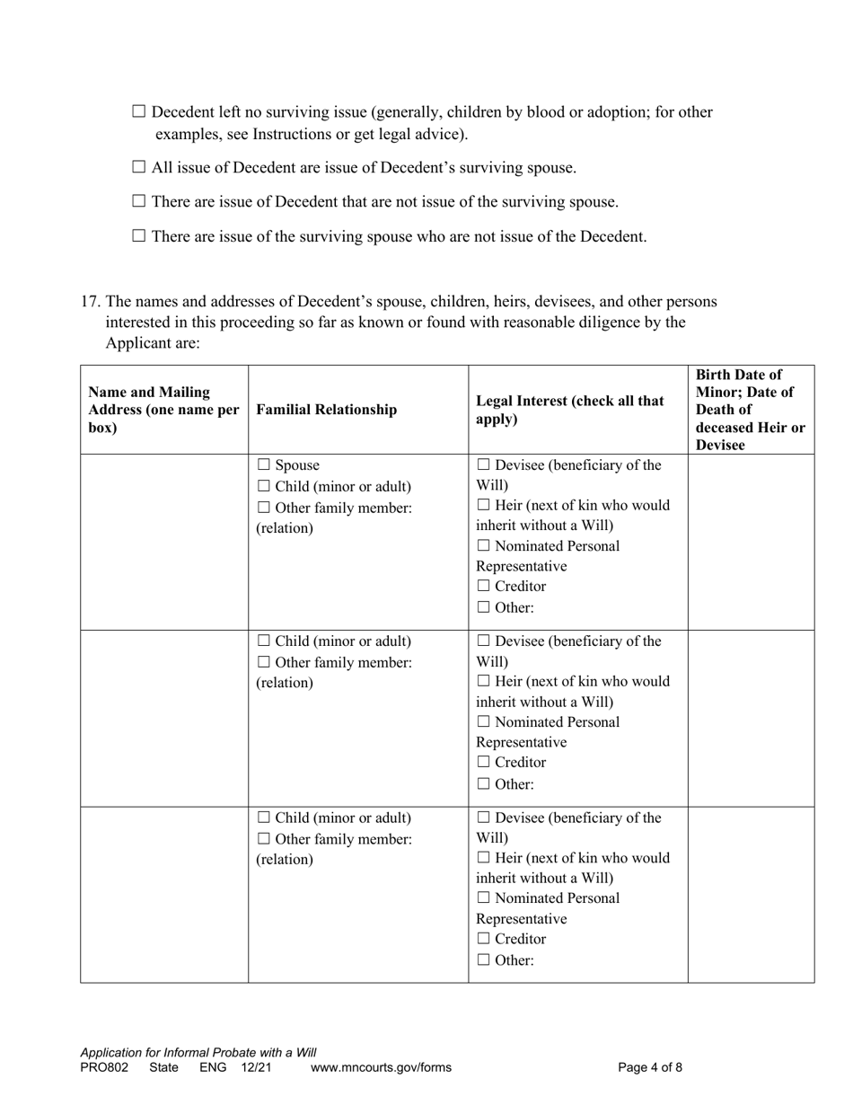 Form PRO802 Application for Informal Probate of Will and for Informal Appointment of Personal Representative - Minnesota, Page 4