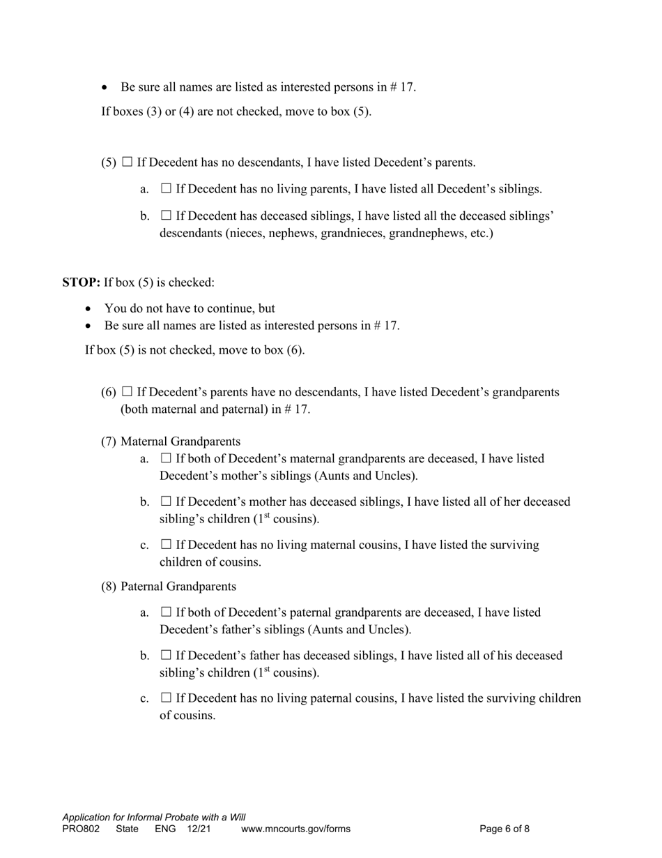 Form PRO802 Application for Informal Probate of Will and for Informal Appointment of Personal Representative - Minnesota, Page 6