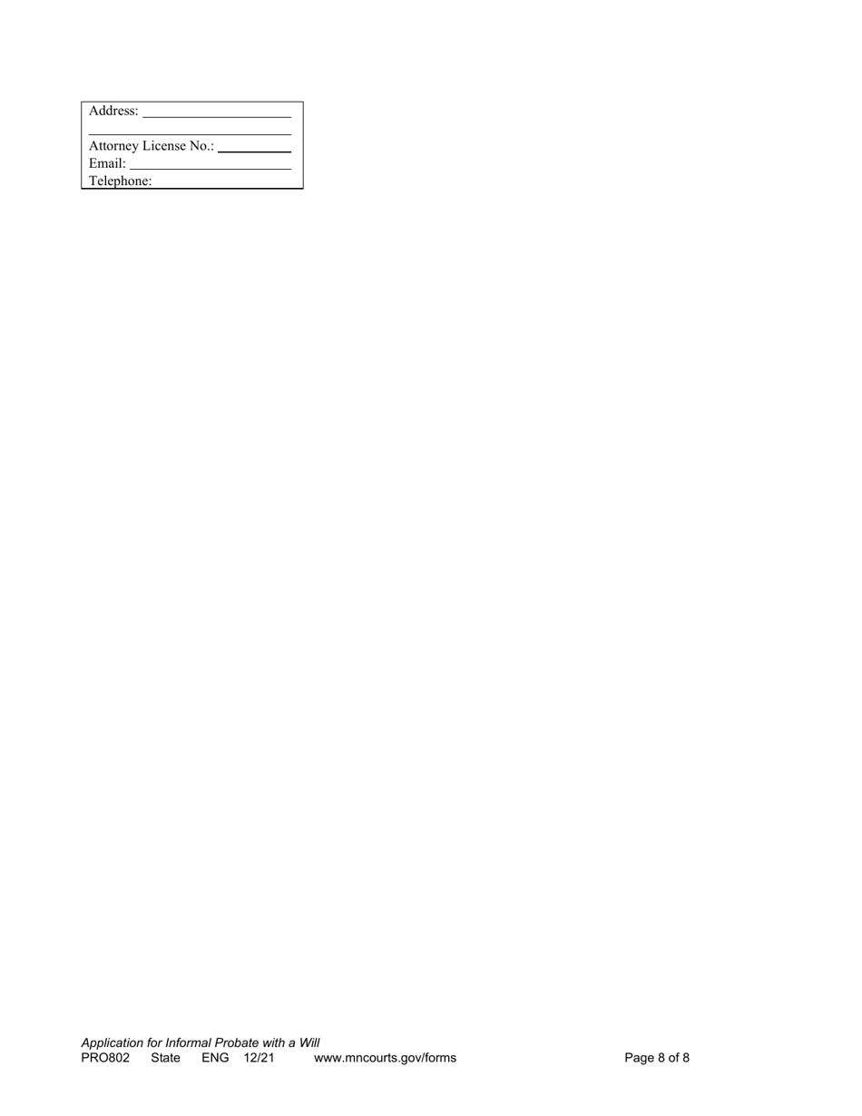 Form PRO802 Application for Informal Probate of Will and for Informal Appointment of Personal Representative - Minnesota, Page 8