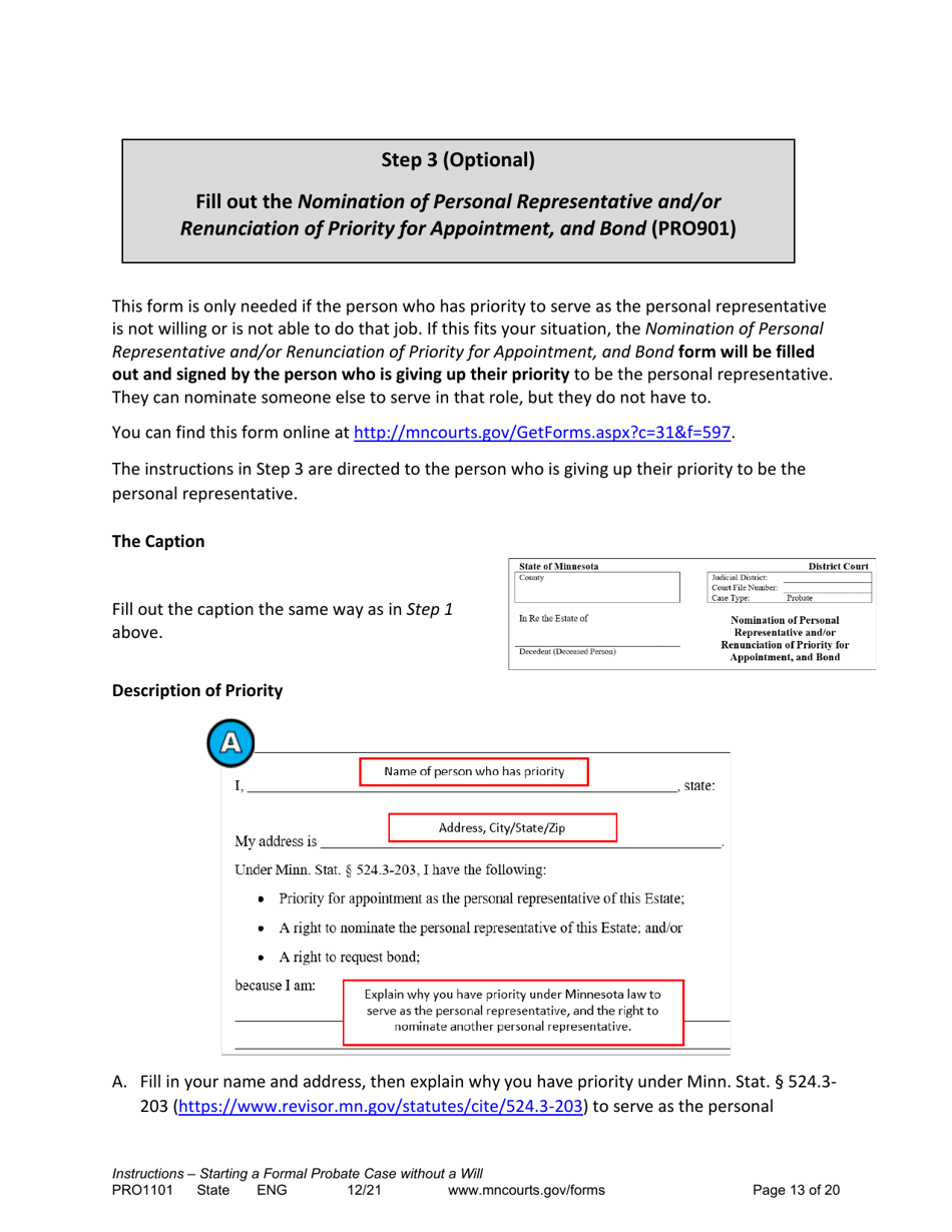 Form PRO1101 Instructions - Starting a Case: Formal Probate Without a Will - Minnesota, Page 13