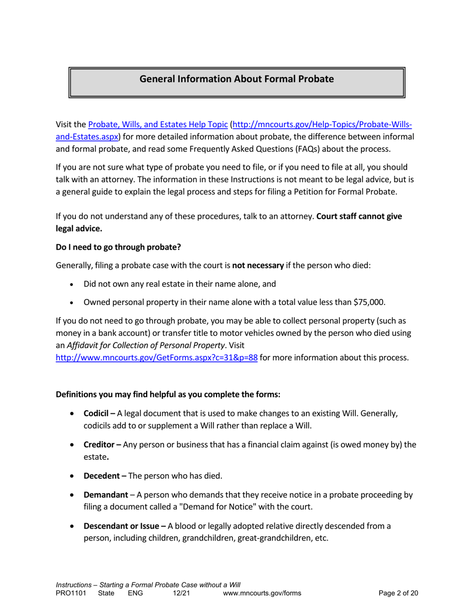 Form PRO1101 Instructions - Starting a Case: Formal Probate Without a Will - Minnesota, Page 2