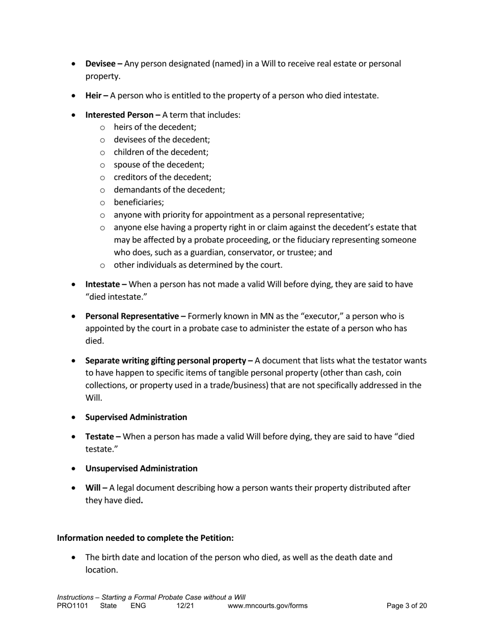 Form PRO1101 Instructions - Starting a Case: Formal Probate Without a Will - Minnesota, Page 3